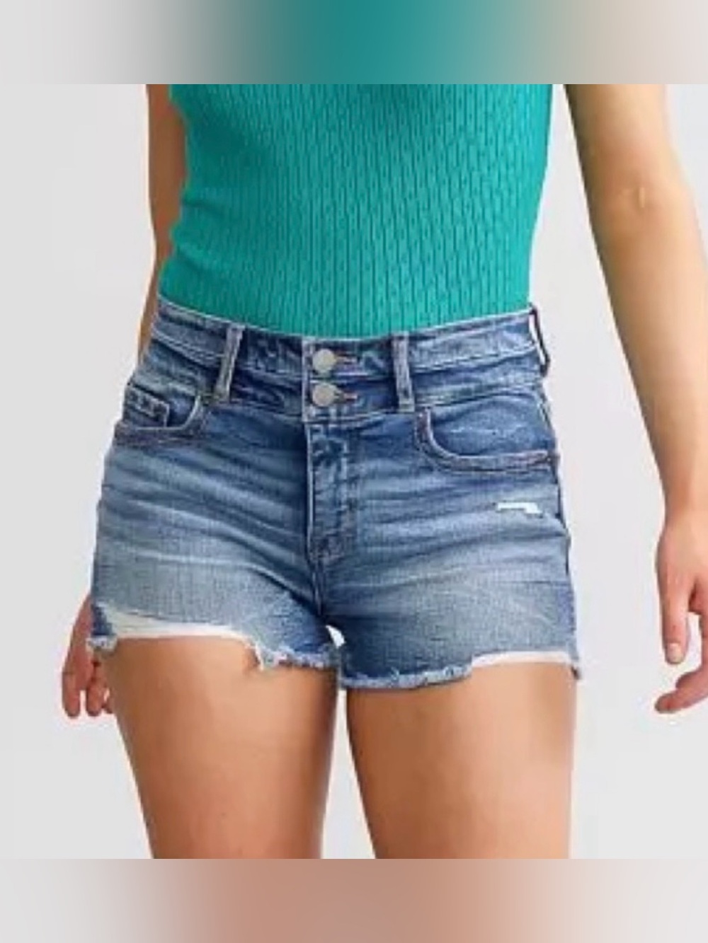 Buckle BKE Gabby High Rise Distressed Double Button Stretch Blue Jean Shorts 26